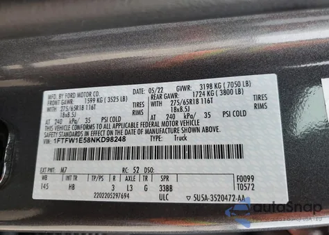 2022 Ford F150 Supercrew из США, поврежденный, VIN 1FTFW1E58NKD98248